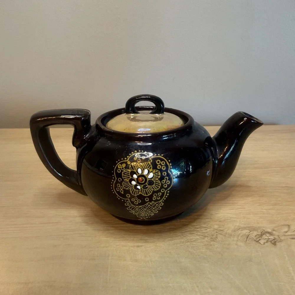 Vintage Moriage Style Hand Painted Ceramic Teapot Brown Gold Floral Boho Decor